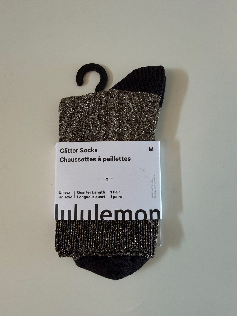 NEW lululemon Glitter Quarter Socks Unisex Black Gold Metal Hit Quarter Length M